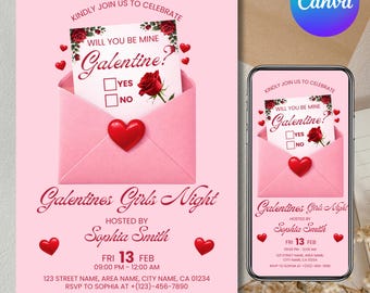 Galentine's Girls Night Invitation, Galentine's Party Invitation Template, Valentine's Cocktails Girls Party Evite, Canva Editable