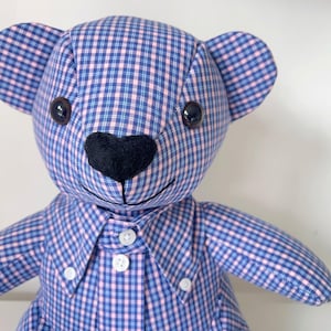 May include: A handmade teddy bear in a blue and pink gingham pattern. The bear has black button eyes and a black heart-shaped nose. It is wearing a button-down shirt with white buttons.