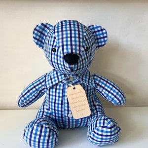 May include: A stuffed teddy bear made of blue and white checkered fabric. The bear has a black nose and eyes, and a small tag with text is attached to its shirt. The bear is sitting upright.