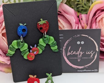 Hungry Caterpillar Dangle Earrings: Handmade Fruit Jewelry