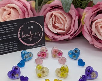 Floral Resin Heart Stud Earrings: Pastel Sweetheart Set