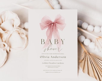 Blozen roze strik babyshower uitnodiging, canvas sjabloon, babymeisje, roze coquette babyshower uitnodigen, INSTANT DOWNLOAD