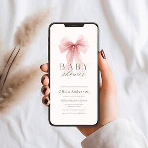 Editable Pink Bow Baby Shower Evite, Canva Template, Evite for Baby Girl, Pink Coquette Mobile Invitation, INSTANT DOWNLOAD
