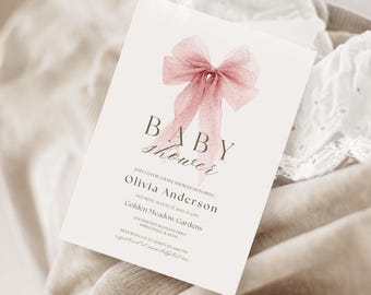 Pink Bow Baby Shower Invitation, Editable Canva Template (Instant Download)
