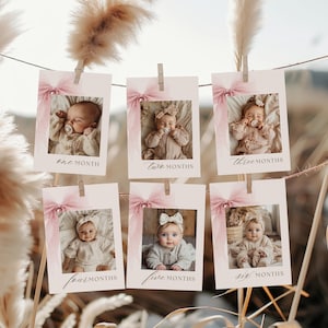 Pink Bow Baby Milestone Cards, First Birthday Photo Banner, Baby Photo Cards, Monthly Milestone Photo Canva Template Set, INSTANT DOWNLOAD