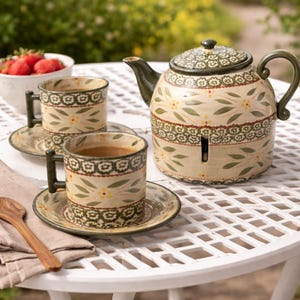 May include: A cream-colored ceramic teapot and two teacups with saucers. The teapot has a dark green handle and spout, and a lid with a green floral pattern. The cups and saucers have a matching floral design with green and yellow accents. A bowl of strawberries is in the background.
