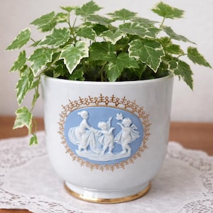 Könnte beinhalten: Ein weißer Keramik-Blumentopf mit einem blauen und goldenen ovalen Dekor mit Relief-Figuren. Er enthält eine grün-weiß panaschierte Efeupflanze. Der Rand und die Basis des Topfes sind goldfarben.
