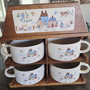 Heartland Soup Mug- set of 4 with Wood shelf/ International Stoneware