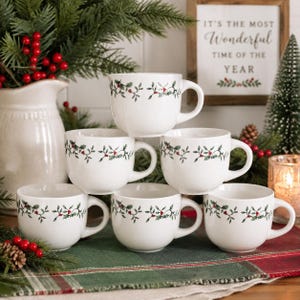 Ensemble de 6 tasses à café vintage Royal Seasons Christmas Holly en grès, tasses à café de Noël vintage, tasses à chocolat chaud vintage