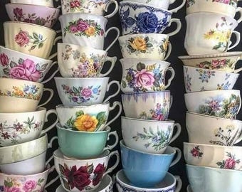 Mismatched Vintage Tea Cups and Saucers bulk teacups for bridal shower, wedding, baby shower fine china