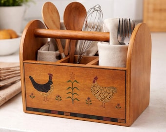 Organizador de cocina rústico de madera vintage / con diseño de gallina y estilo arte popular.