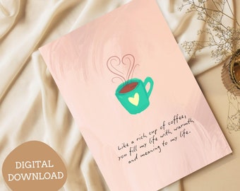 Amante del café / San Valentín, aniversario, amor, amigo / Descarga instantánea imprimible, tarjeta para él, tarjeta para ella, minimalista, estética linda