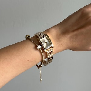 Vintage CZ Crystal Bracelet Watch, Stainless Steel Quartz, Rectangular Dial