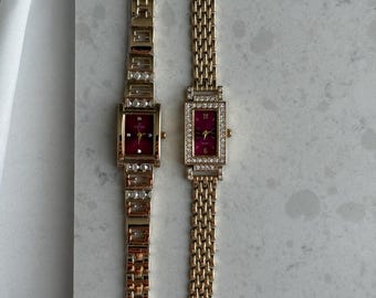 Avon f66678 Marcasite Garnet Beaded New Battery Ladies MOP Watch 23MM 7.5\