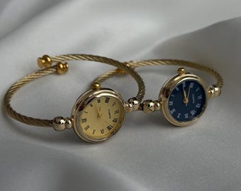 Gold Bangle Watch, Vintage Roman Numeral Cuff Bracelet, Blue Cream Dial Options