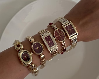 Gold Tone Red Dial Vintage Bracelet Watch, Oval Rectangle Jewelry Style
