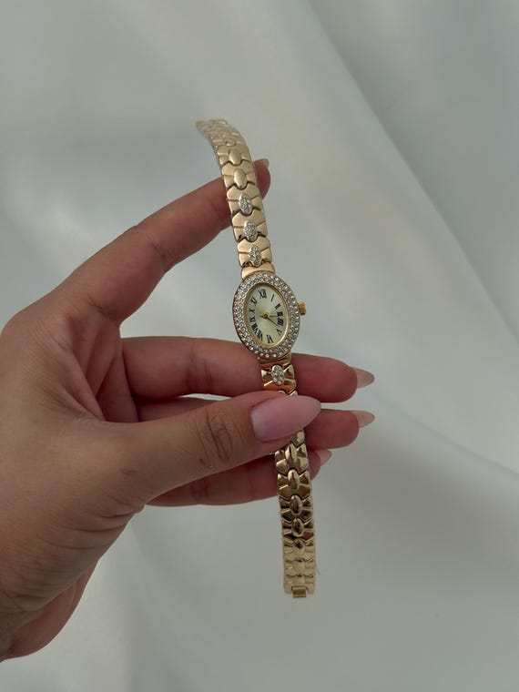 Gold Oval Crystal Watch, Vintage Roman Numeral Bracelet, Dainty Wristwatch