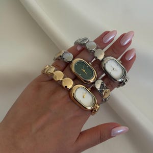 Silverfärgad klocka för kvinnor, oval armbandsklocka i vintagestil, minimalistisk guldfärgad armbandsklocka