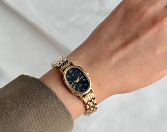Gold Tone Oval Watch, Black Roman Numeral Dial, Minimalist Classic Style