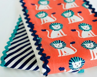 Boutique burp cloth set with rick rack trim - Lion and striped prints in orange, navy and aqua