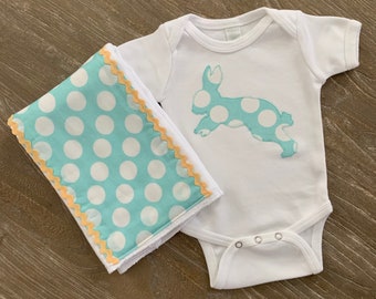 Bunny rabbit bodysuit and burp cloth baby gift set -- Size 0-3 months