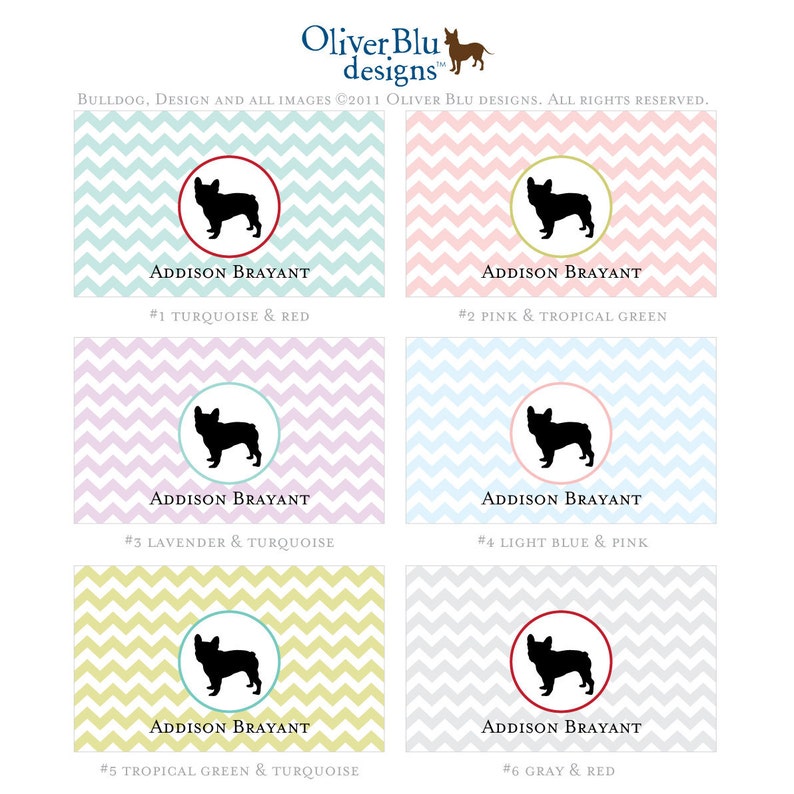 French bulldog personalized stationery Chevron pattern, six color options image 2