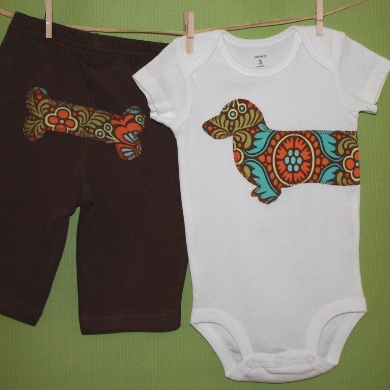 Dachshund baby one-piece bodysuit and pant set in chocolate and orange image 1