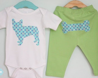 French Bulldog one-piece bodysuit and pant set in aqua and lime green - Size 3-6 mos