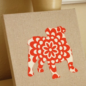 English Bulldog appliqued wall panel 10 x 10 inches in red and cream wallflower print on natural linen background image 5