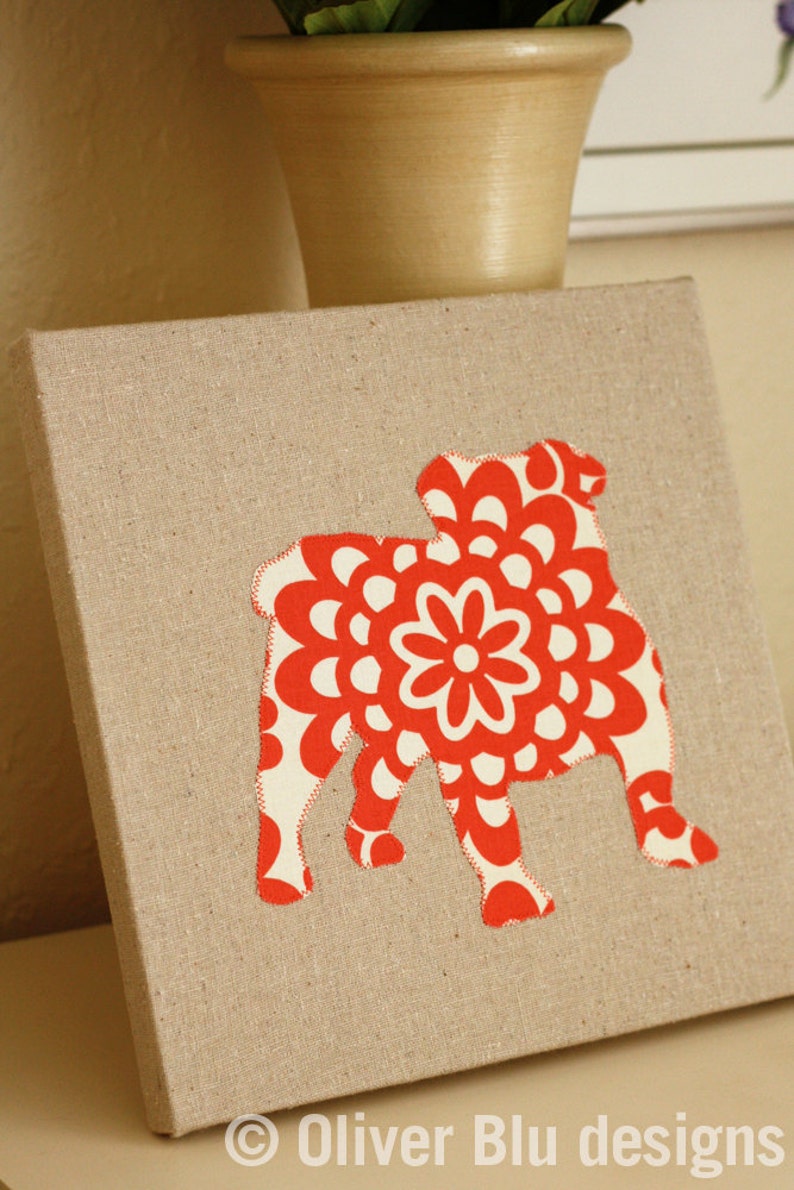 English Bulldog appliqued wall panel 10 x 10 inches in red and cream wallflower print on natural linen background image 5
