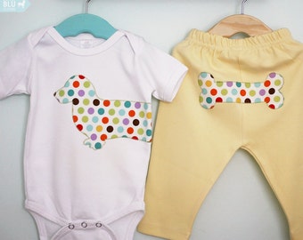 Dachshund baby one-piece bodysuit and yellow pant set in bright polka dots