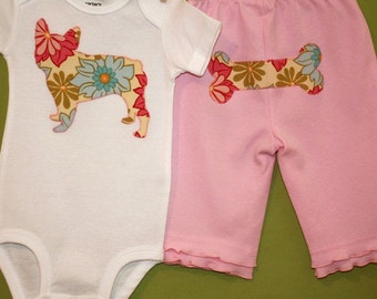 French Bulldog one-piece baby bodysuit and pant set in pink breeze lei floral print