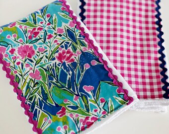 Boutique burp cloth set with rick rack trim - Painterly floral and ginham prints in raspberry and navy