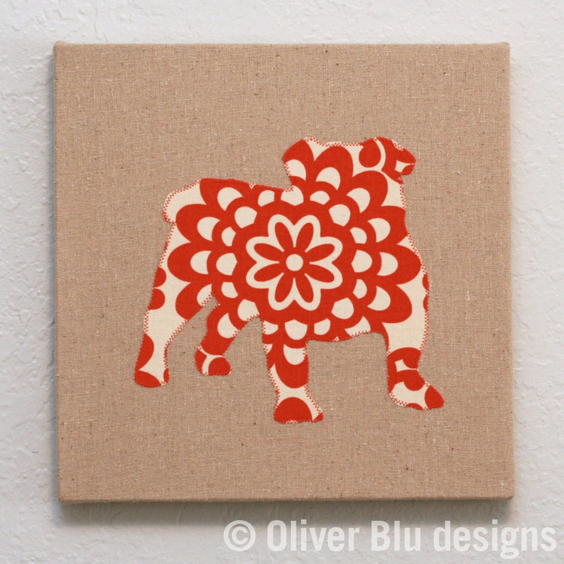 English Bulldog appliqued wall panel 10 x 10 inches in red and cream wallflower print on natural linen background image 4
