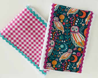 Boutique burp cloth set with rick rack trim - Owl and gingham prints in lovely jewel tones