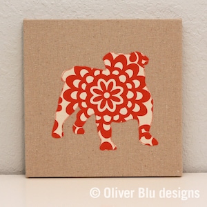 English Bulldog appliqued wall panel 10 x 10 inches in red and cream wallflower print on natural linen background image 1