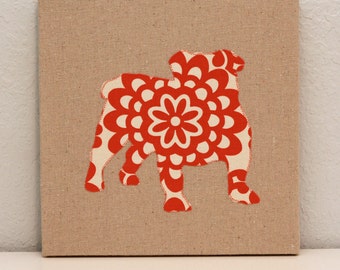 English Bulldog appliqued wall panel - 10 x 10 inches in red and cream wallflower print on natural linen background