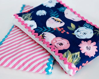 Boutique burp cloth set with rick rack trim - Watercolor floral in navy and pink striped prints