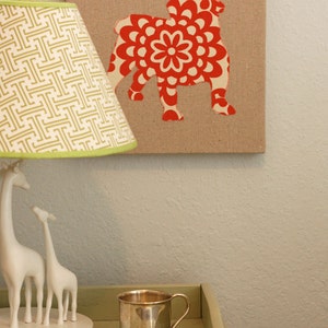 English Bulldog appliqued wall panel 10 x 10 inches in red and cream wallflower print on natural linen background image 2