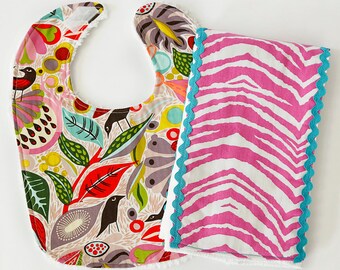 Dressy drooler bib and burp cloth set - Vibrant blooms and zebra prints