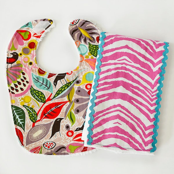 Dressy drooler bib and burp cloth set - Vibrant blooms and zebra prints