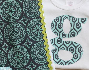 Alphabet bodysuit and burp cloth set - Navy, turquoise, and lime green