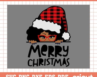 Sombrero de Papá Noel de mujer afro SVG, Feliz Navidad, silueta de Cricut (archivo digital)