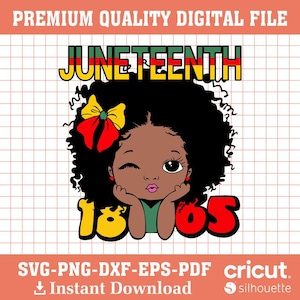 Pode incluir: Gráfico digital de uma menina negra piscando com um laço amarelo e vermelho, celebrando o Juneteenth. O texto "JUNETEENTH" está em verde, amarelo e vermelho. Os números "1865" são amarelos e vermelhos.