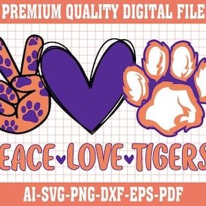 Peace Love Tigers SVG, voetbalteamgeest SVG, speldag mascotte gesneden bestand, schoolsporten SVG voor Cricut, Cheer Mom Shirt Design