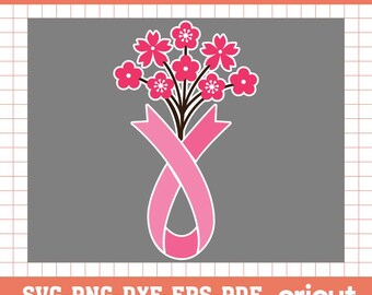 Jarrón con lazo para concienciar sobre el cáncer de mama SVG / Diseño floral de lazo rosa / Archivo de corte de apoyo y esperanza / Silueta de Cricut
