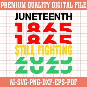 May include: Digital file with the text "JUNETEENTH" in black, the numbers "1865" in red, "STILL FIGHTING" in yellow, and "2023" in green. The file format options are listed below the design.