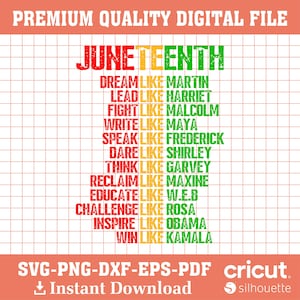 May include: A digital file with the text "JUNETEENTH" in red, yellow, and green. Below, phrases like "DREAM LIKE MARTIN" and "WIN LIKE KAMALA" are listed. The file includes SVG, PNG, DXF, EPS, and PDF formats, with an instant download option.