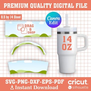 Szablon kubka 14oz, Szablon opakowania Stanley 14oz, Opakowanie Quencher 14oz, Szablon kubka SVG, Edytowalny szablon opakowania kubka Canva