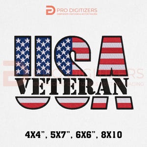 May include: A patriotic design featuring the text "USA VETERAN" in bold, black letters. The letters "USA" are stylized with the American flag, and the design includes size options: 4x4", 5x7", 6x6", and 8x10".